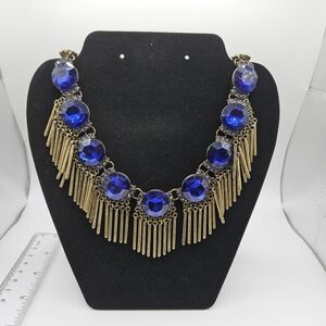 Vintage Signed BaubleBar Blue Jewel Rhinestone And Brass Tone Statement Necklace